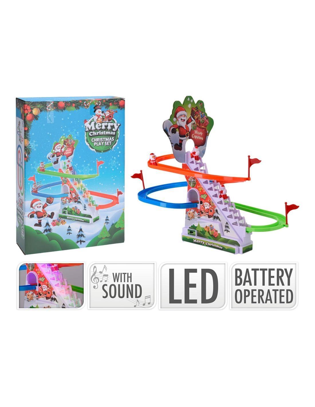 escena navideña infantil con movimiento, luces led y música, ideal para decoraciones festivas y entretenimiento de niños.