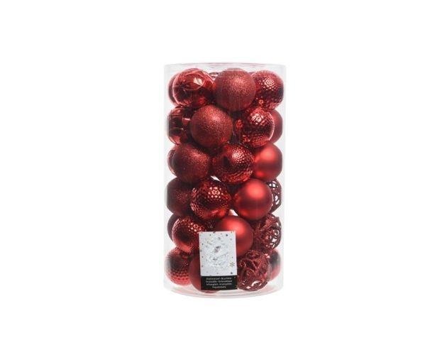 tubo de 37 bolas decorativas rojas para árbol de navidad ø6 cm, ideales para decorar y dar un toque festivo a la decoración navideña.