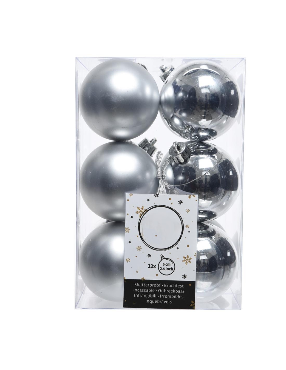 caja de 12 bolas decorativas para árbol de navidad ø6 cm en color plata, ideales para adornar y dar un toque festivo a tu hogar.