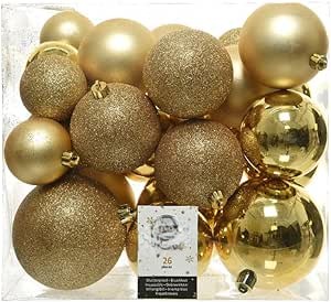 caja de 26 bolas doradas en varios tamaños ø6cm/ø8cm/ø10cm, ideales para decoración navideña o manualidades.