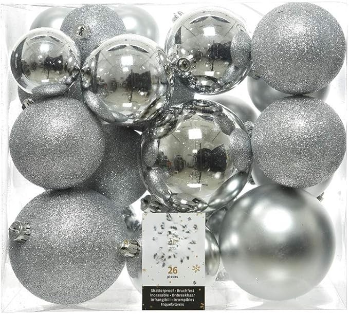 caja de 26 bolas plateadas en varios tamaños ø6cm/ø8cm/ø10cm para decoración y manualidades.