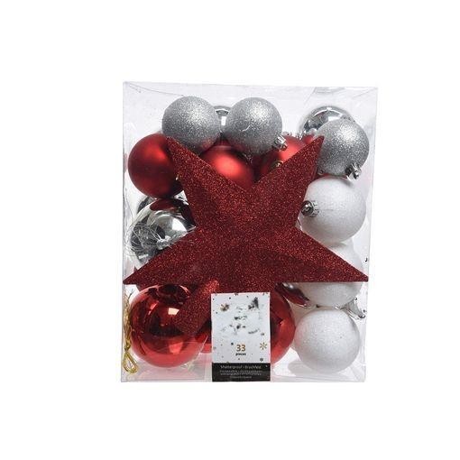 caja de 33 accesorios para árbol, acabado mate en rojo y blanco, ideales para decorar durante festividades y aportar un toque festivo.