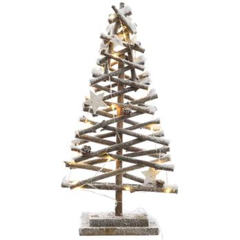 árbol decorativo con troncos, micro led, efecto nevado, dimensiones 25x12x50 cm, ideal para adornar espacios y crear ambiente festivo.