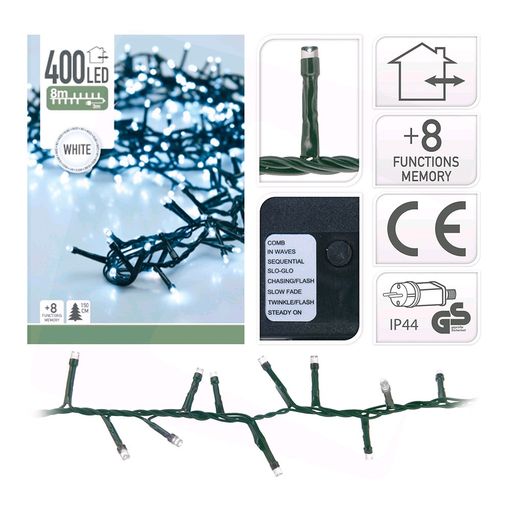 guirnalda tipo espino multifunción 400 leds luz fría 11m, ip44 para uso exterior, ideal para decoraciones y ambientes festivos.