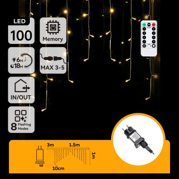 cortina de luz led conectable de 3.5m, 100 leds, luz cálida, diseño plano, ideal para decoración de interiores y exteriores.