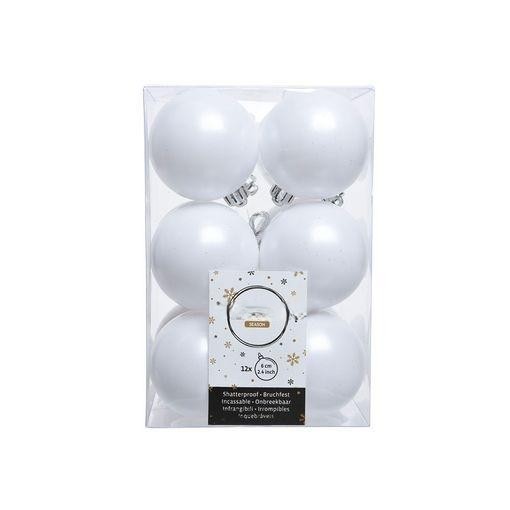 caja de 12 bolas decorativas blancas para árbol de navidad ø6 cm, ideales para adornar y embellecer la decoración navideña.
